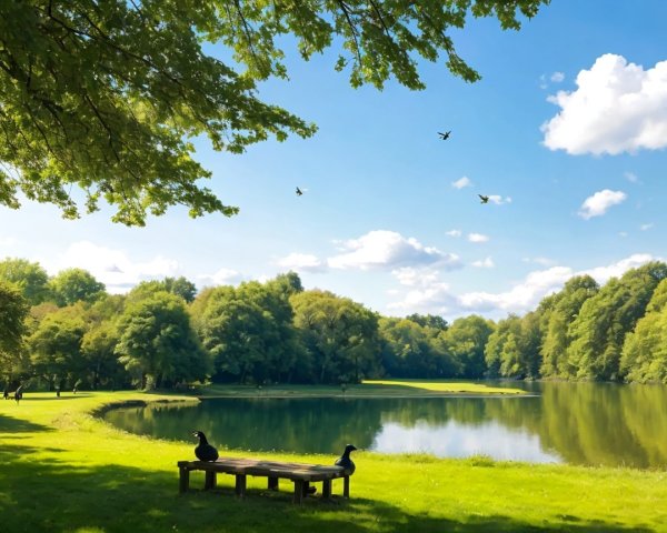 Serene Lakeside Scene with Lush Greenery and Birds