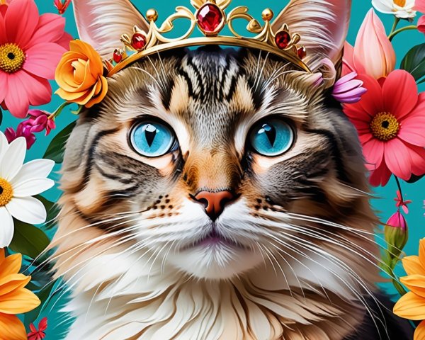 Regal Cat with Blue Eyes and Golden Crown in Flowers