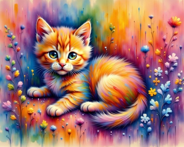 Colorful Illustration of an Orange Tabby Kitten Among Flowers