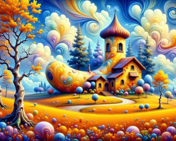 Whimsical Boot-Shaped House in Colorful Landscape