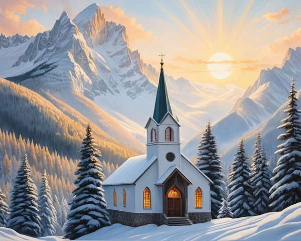 Winter Landscape with Church and Snowy Mountains
