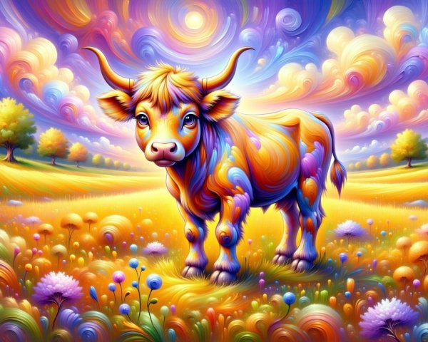 Vibrant Whimsical Landscape with Colorful Cow and Flowers