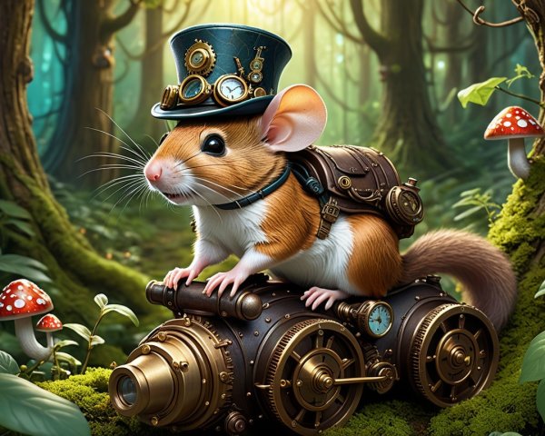 Charming Mouse in Steampunk Forest Adventure Scene