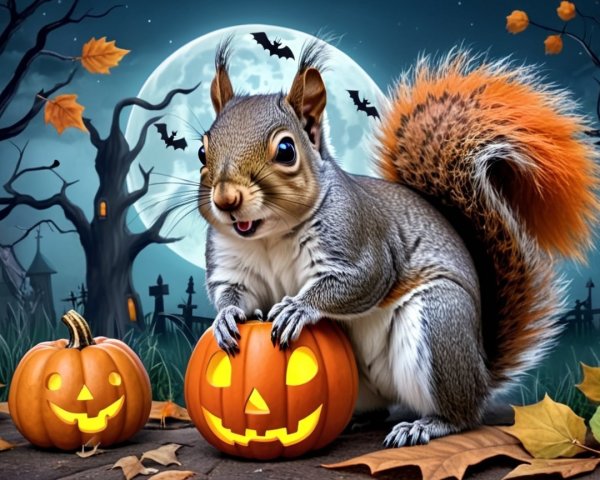 Cheerful Squirrel on Pumpkin in Halloween Scene