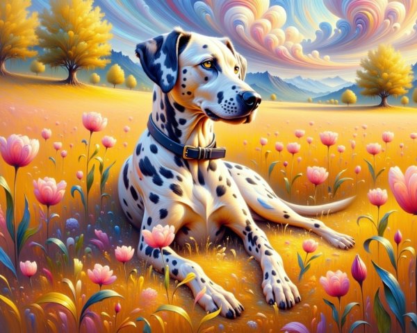 Dalmatian in a Colorful Flower-Filled Meadow