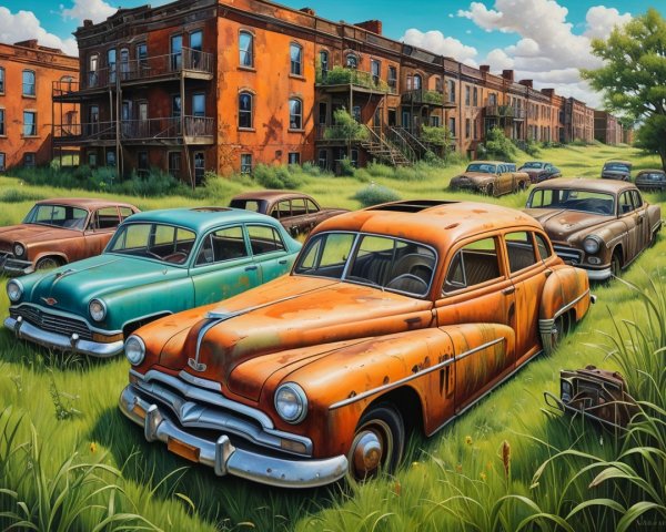 Vintage Cars in Overgrown Urban Landscape with Sky