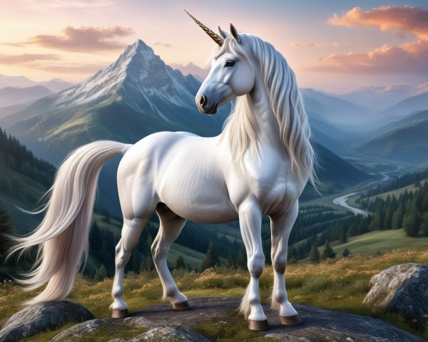 Majestic unicorn on rocky outcrop at sunset