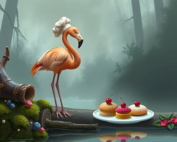 Flamingo in Chef's Hat Among Pastries in Forest Scene