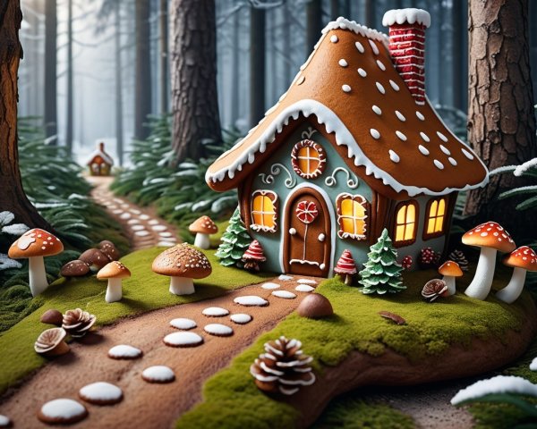 Whimsical Gingerbread House in Enchanted Forest Setting