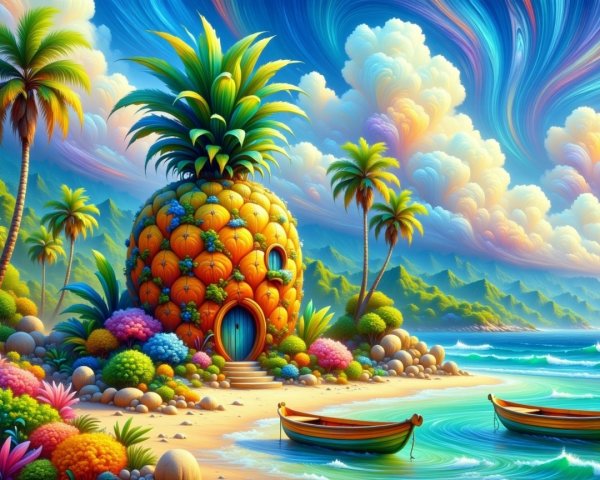 Whimsical Beach Scene with Pineapple House and Boats