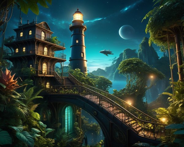Majestic lighthouse amidst cliffs and starry sky