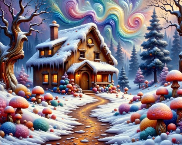Whimsical Winter Scene with Cozy Cottage and Mushrooms