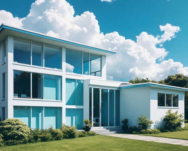 Modern Two-Story House with Glass Windows and Balcony