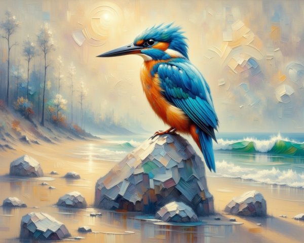 Vibrant Kingfisher on Rock by Serene Seashore