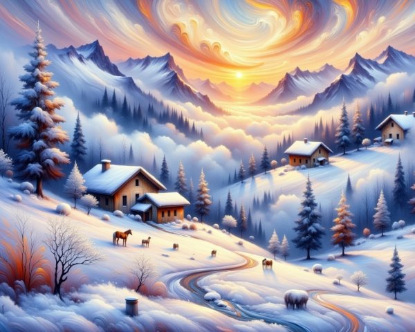 Winter Landscape with Snowy Hills and Cabins