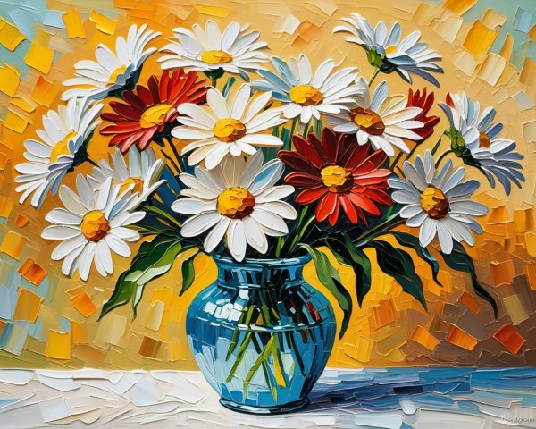 Vibrant Daisies in Blue Vase with Abstract Background