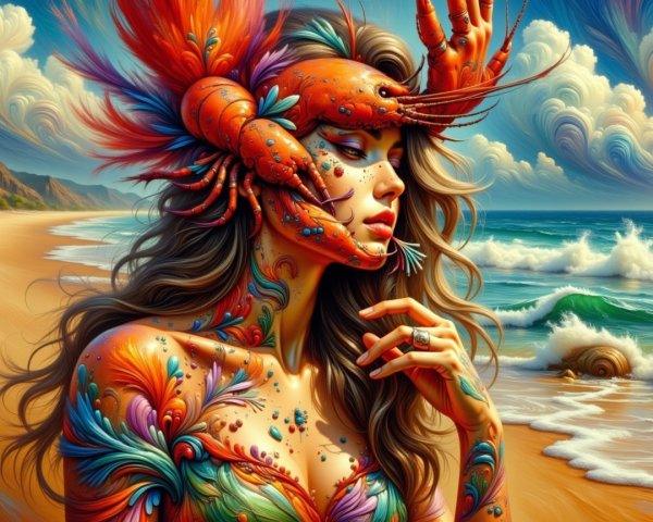 Vibrant Fantasy Scene with Marine-Inspired Body Art