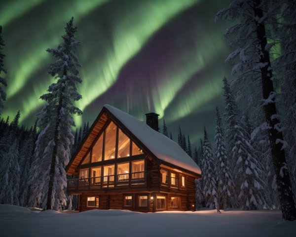 Cozy log cabin in snowy landscape with auroras