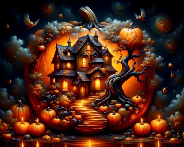 Whimsical Halloween Scene with Pumpkin Mansion