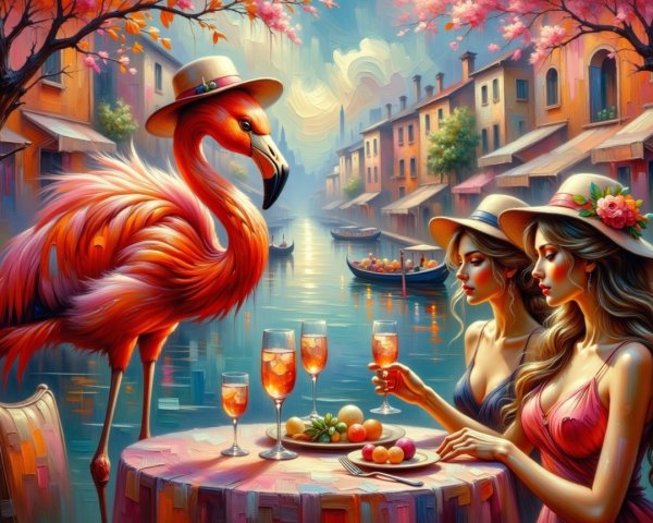 Surreal Scene of Women by Canal with Flamingo and Blossoms