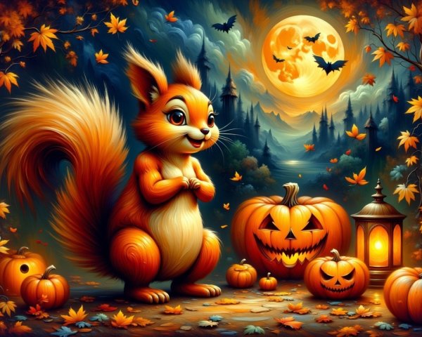 Cartoon Squirrel in Vibrant Autumn Halloween Scene