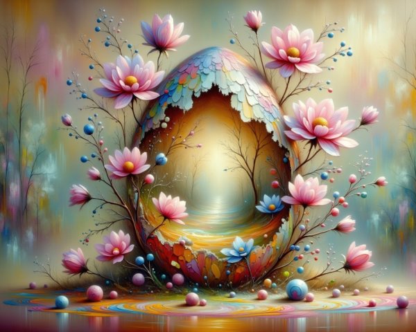 Whimsical Egg Surrounded by Flowers and Colorful Spheres