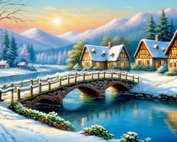 Tranquil Winter Landscape with Cottages and Sunrise