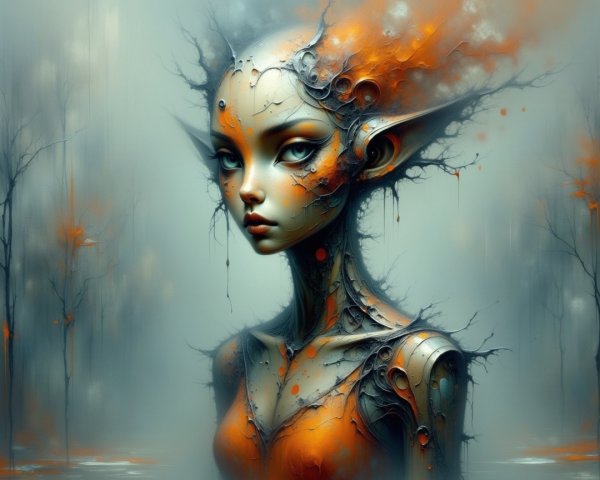 Surreal Ethereal Figure with Metallic Skin and Patterns