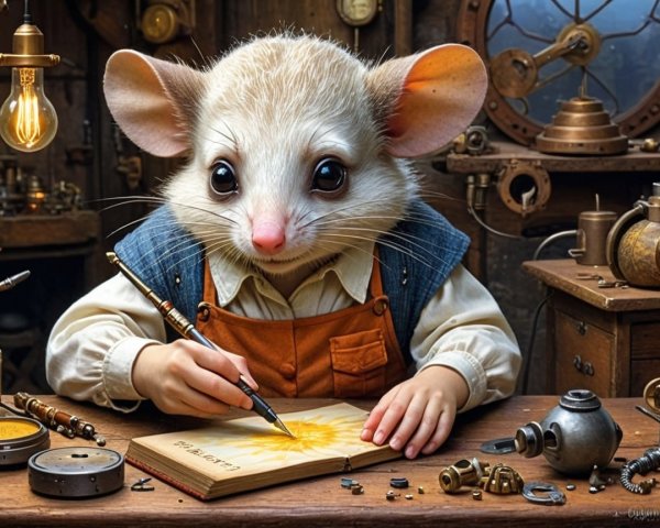 Anthropomorphic mouse in a steampunk workshop setting