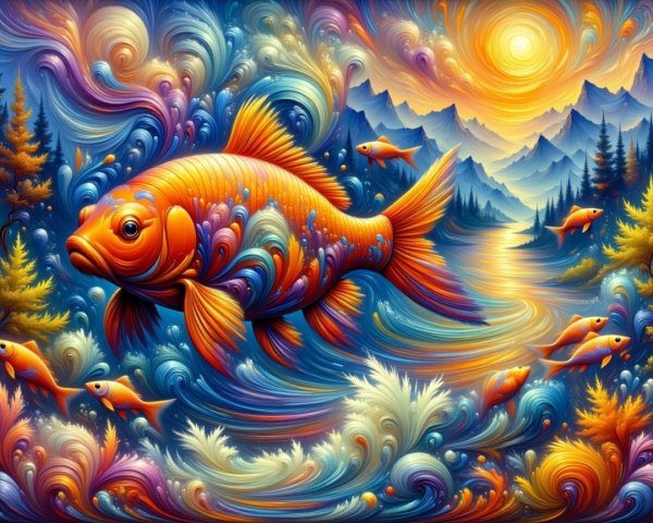 Vibrant Underwater Scene with Goldfish and Sunrise