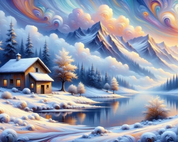 Winter Landscape with Cozy House and Majestic Mountains