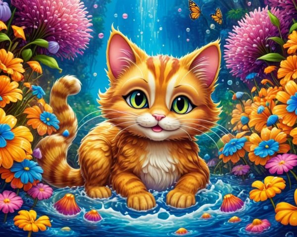 Cheerful Orange Tabby Cat in Vibrant Garden Pool