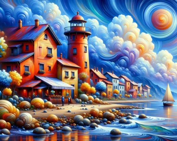 Colorful Lighthouse and Whimsical Houses by Seaside
