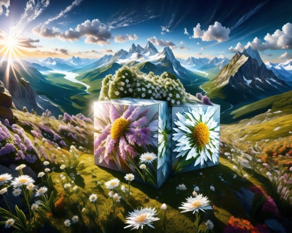 Reflective Cubes Among Flowers and Mountain Landscape