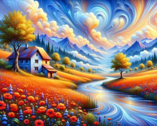 Vibrant Landscape with House and Colorful Flowers