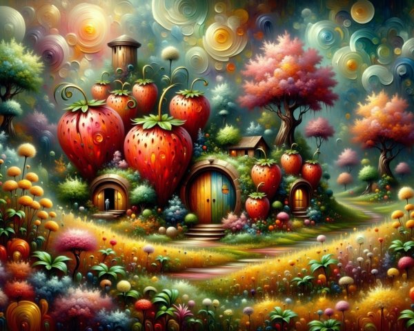 Whimsical Landscape with Strawberry-Shaped Houses