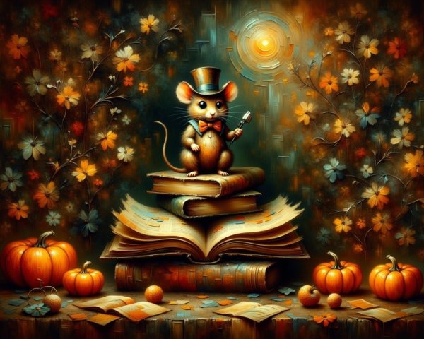 Charming Mouse in Top Hat Surrounded by Colorful Books