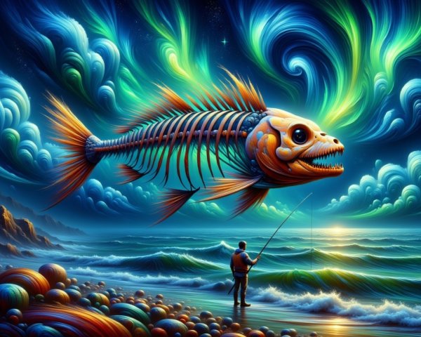 Surreal Fisherman with Giant Fish Skeleton and Auroras