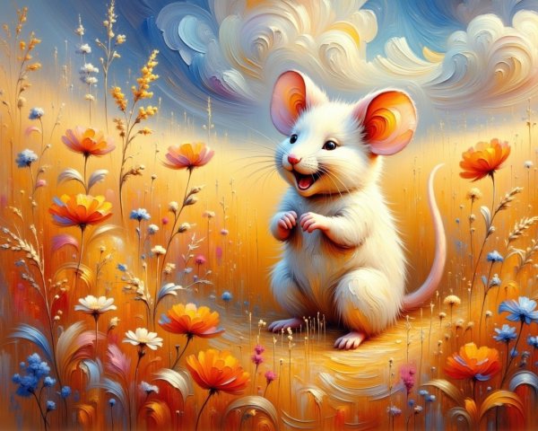 Cheerful White Mouse in Colorful Flower Landscape