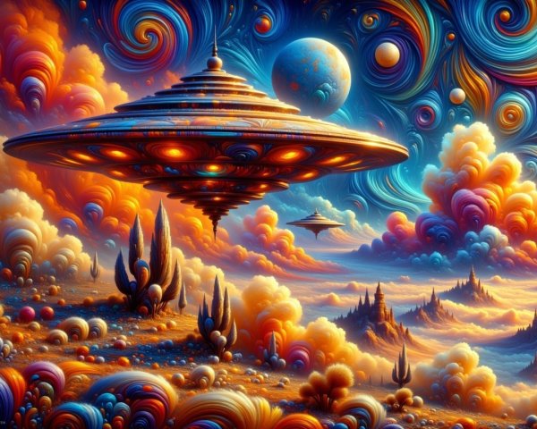 Surreal Landscape with Colorful Clouds and Spaceships
