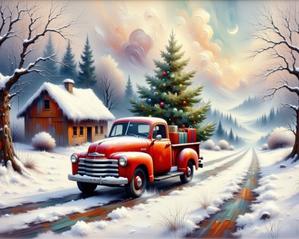 Retro red pickup truck in snowy landscape with gifts