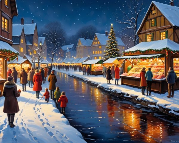 Winter Christmas Market by Snow-Covered Canal