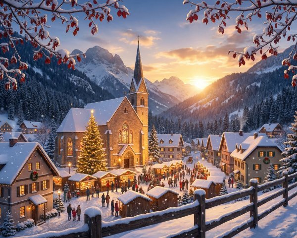 Winter Village Scene with Christmas Market and Mountains