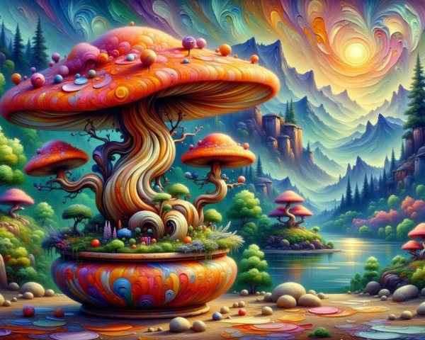 Surreal Landscape with Oversized Colorful Mushrooms