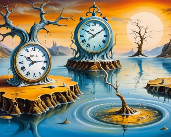 Surreal landscape with melting clocks and sunset sky