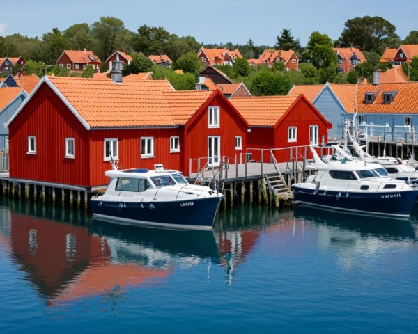 Charming Red Wooden Houses by a Serene Marina