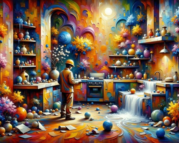 Surreal Kitchen with Colorful Spheres and Waterfalls