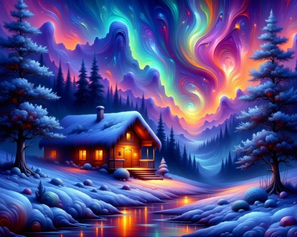 Cozy Cabin in Snowy Landscape with Aurora Colors