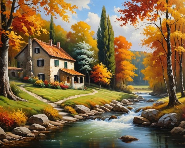 Charming Stone Cottage by a Gentle Stream in Autumn