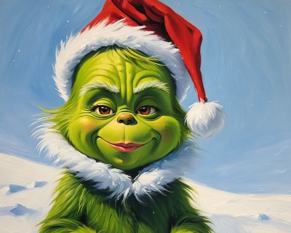 Whimsical Portrait of a Baby Grinch in Snowy Landscape